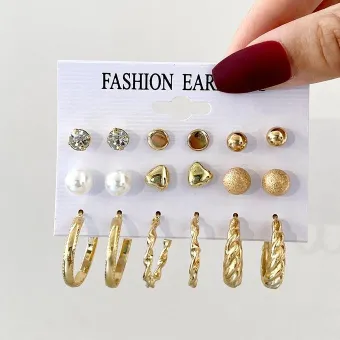 Crystal Pearl Golden Hoop Earrings Set